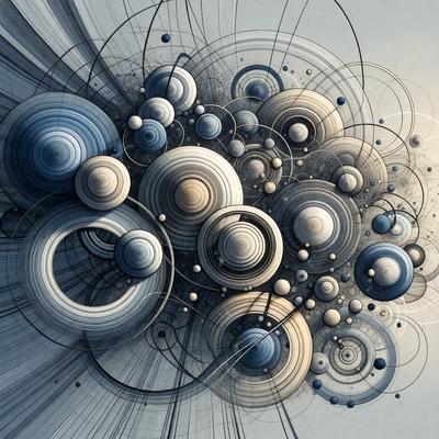 The primary subject of the image is a large, intricate, and colorful artwork featuring a variety of shapes, circles, and other geometric forms. The setting is a white background, which provides a clean and uncluttered environment for the artwork. The visual style is a combination of digital art and illustration, showcasing the artist's creativity and skill in crafting a complex and visually appealing piece. The colors and mood of the artwork are vibrant and lively, with a sense of